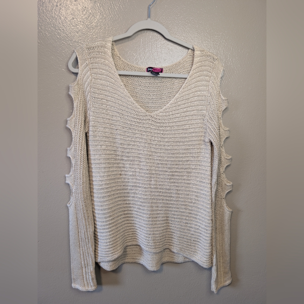 Say What? Cream V-Neck Sweater with Cut-Out Sleeves.